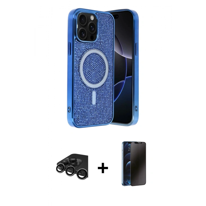 MARSİLYAN™- iPhone 15 Pro Kılıf Eksen Çizgi - Siyah 3D Antistatik Hayalet Cam Ekran Koruyucu + Raze Metal Kamera Lens - TMGI
