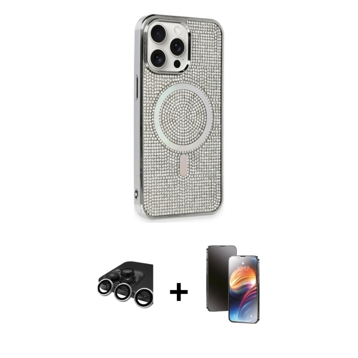 MARSİLYAN™- iPhone 15 Pro Kılıf Eksen Çizgi - Siyah 3D Antistatik Mat Seramik Nano Ekran Koruyucu + Gümüş Raze Metal Kamera Lens