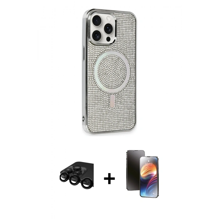 MARSİLYAN™- iPhone 15 Pro Kılıf Eksen Çizgi - Siyah 3D Antistatik Mat Seramik Nano Ekran Koruyucu + Raze Metal Kamera Lens - SH