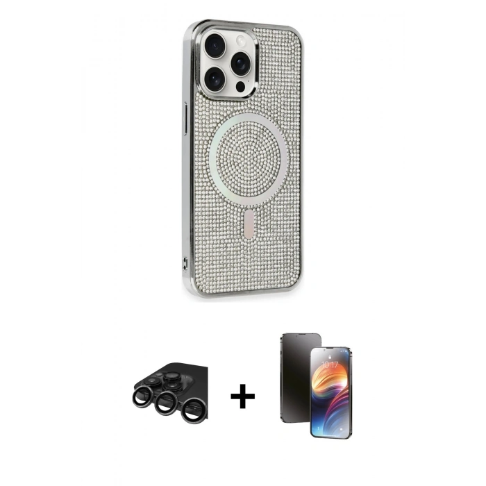 MARSİLYAN™- iPhone 15 Pro Kılıf Eksen Çizgi - Siyah 3D Antistatik Mat Seramik Nano Ekran Koruyucu + Raze Metal Kamera Lens - TMGI