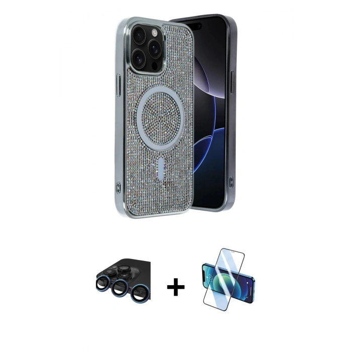 MARSİLYAN™- iPhone 15 Pro Kılıf Eksen Çizgi - Siyah 3D Antistatik Seramik Nano Ekran Koruyucu + Raze Metal Kamera Lens - LT