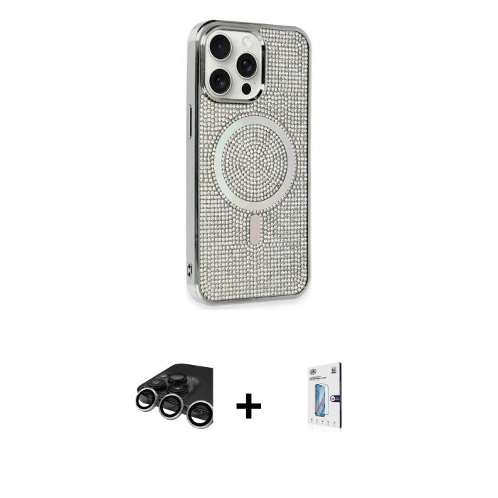MARSİLYAN™- iPhone 15 Pro Kılıf Eksen Çizgi - Siyah Bilvis 0.18mm Plus Cam Ekran Koruyucu + Raze Metal Kamera Lens - GS