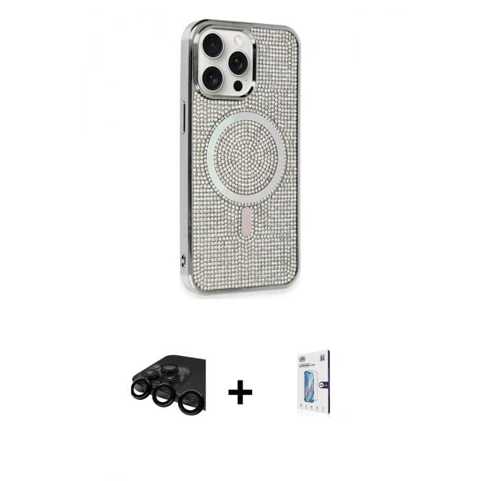 MARSİLYAN™- iPhone 15 Pro Kılıf Eksen Çizgi - Siyah Bilvis 0.18mm Plus Cam Ekran Koruyucu + Siyah Raze Metal Kamera Lens