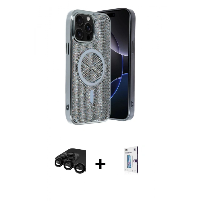 MARSİLYAN™- iPhone 15 Pro Kılıf Eksen Çizgi - Siyah Bilvis 0.18mm Plus Cam Ekran Koruyucu + Siyah Raze Metal Kamera Lens