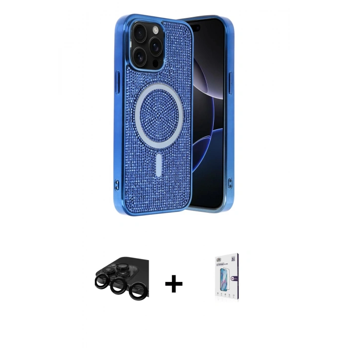 MARSİLYAN™- iPhone 15 Pro Kılıf Eksen Çizgi - Siyah Bilvis 0.18mm Plus Cam Ekran Koruyucu + Siyah Raze Metal Kamera Lens