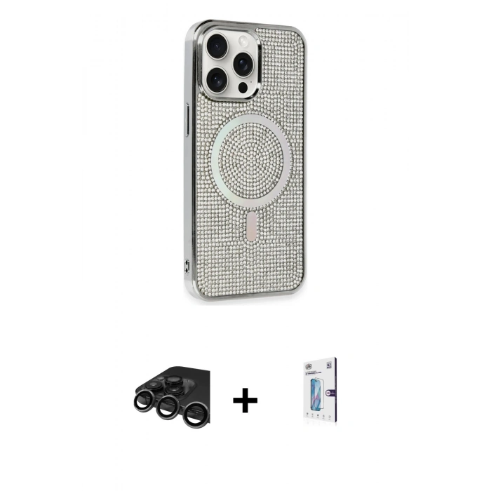 MARSİLYAN™- iPhone 15 Pro Kılıf Eksen Çizgi - Siyah Bilvis 0.18mm Plus Cam Ekran Koruyucu + Titanyum Gri Raze Metal Kamera Lens