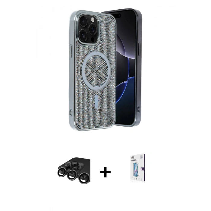 MARSİLYAN™- iPhone 15 Pro Kılıf Eksen Çizgi - Siyah Bilvis 0.18mm Plus Cam Ekran Koruyucu + Titanyum Gri Raze Metal Kamera Lens