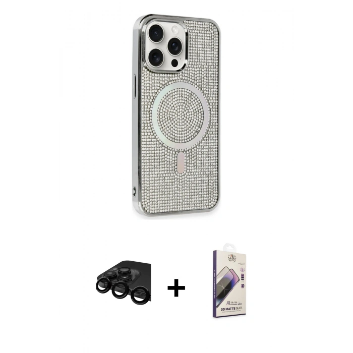 MARSİLYAN™- iPhone 15 Pro Kılıf Eksen Çizgi - Siyah Bilvis 3D Mat Cam Ekran Koruyucu + Raze Metal Kamera Lens - SH