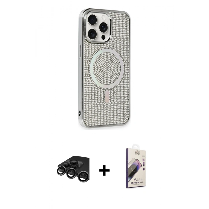 MARSİLYAN™- iPhone 15 Pro Kılıf Eksen Çizgi - Siyah Bilvis 3D Mat Cam Ekran Koruyucu + Raze Metal Kamera Lens - TMGI