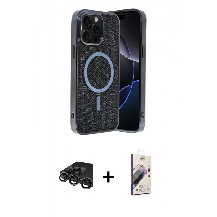 MARSİLYAN™- iPhone 15 Pro Kılıf Eksen Çizgi - Siyah Bilvis 3D Mat Cam Ekran Koruyucu + Raze Metal Kamera Lens - TMGI
