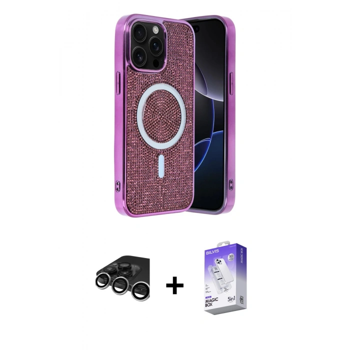 MARSİLYAN™- iPhone 15 Pro Kılıf Eksen Çizgi - Siyah Bilvis 5in1 3D Magic Cam Ekran Koruyucu + Gümüş Raze Metal Kamera Lens