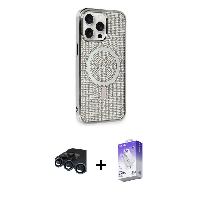 MARSİLYAN™- iPhone 15 Pro Kılıf Eksen Çizgi - Siyah Bilvis 5in1 3D Magic Cam Ekran Koruyucu + Raze Metal Kamera Lens - LT