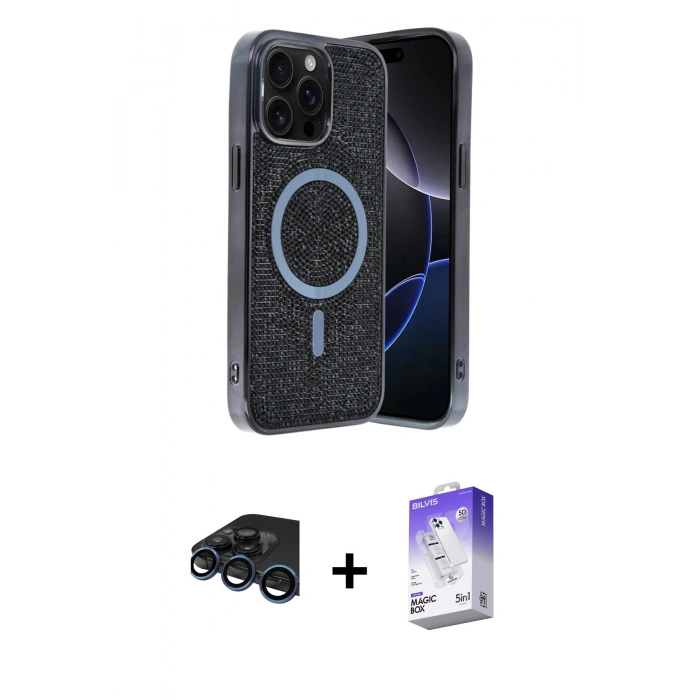 MARSİLYAN™- iPhone 15 Pro Kılıf Eksen Çizgi - Siyah Bilvis 5in1 3D Magic Cam Ekran Koruyucu + Raze Metal Kamera Lens - LT