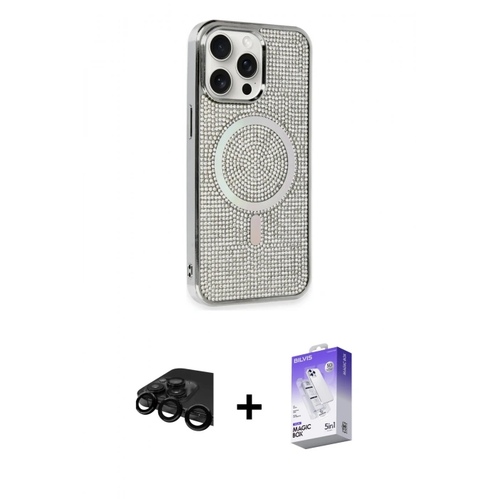 MARSİLYAN™- iPhone 15 Pro Kılıf Eksen Çizgi - Siyah Bilvis 5in1 3D Magic Cam Ekran Koruyucu + Siyah Raze Metal Kamera Lens