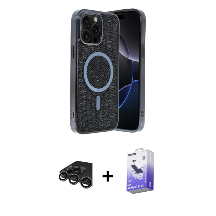 MARSİLYAN™- iPhone 15 Pro Kılıf Eksen Çizgi - Siyah Bilvis 5in1 5D Magic Hayalet Cam Ekran Koruyucu + Raze Metal Kamera Lens - TMGI