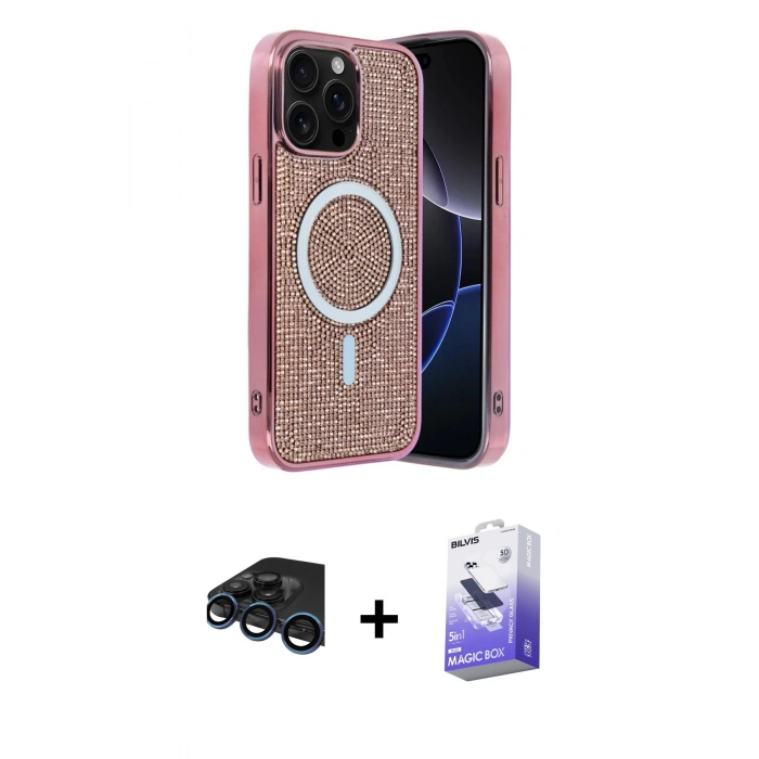 MARSİLYAN™- iPhone 15 Pro Kılıf Eksen Çizgi - Siyah Bilvis 5in1 5D Magic Hayalet Cam Ekran Koruyucu + Raze Metal Kamera Lens - LT
