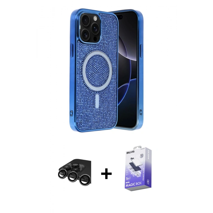 MARSİLYAN™- iPhone 15 Pro Kılıf Eksen Çizgi - Siyah Bilvis 5in1 5D Magic Hayalet Cam Ekran Koruyucu + Raze Metal Kamera Lens - TMGI