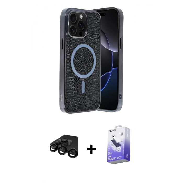 MARSİLYAN™- iPhone 15 Pro Kılıf Eksen Çizgi - Siyah Bilvis 5in1 5D Magic Hayalet Cam Ekran Koruyucu + Raze Metal Kamera Lens - SH