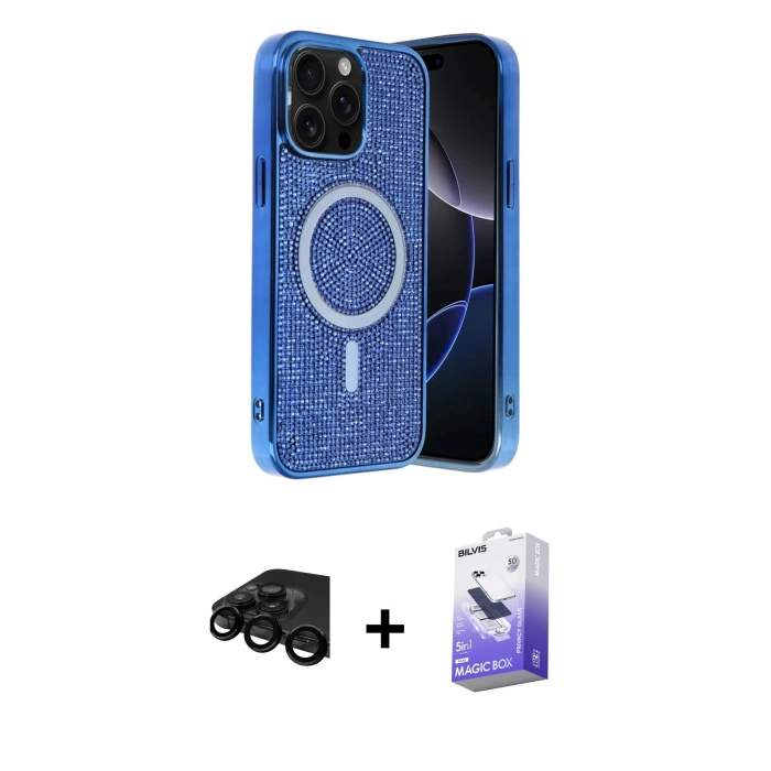 MARSİLYAN™- iPhone 15 Pro Kılıf Eksen Çizgi - Siyah Bilvis 5in1 5D Magic Hayalet Cam Ekran Koruyucu + Raze Metal Kamera Lens - SH