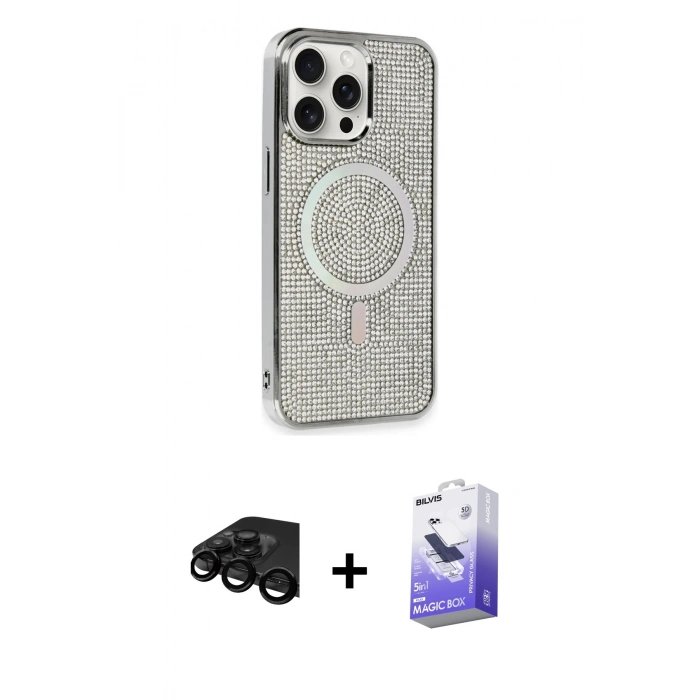 MARSİLYAN™- iPhone 15 Pro Kılıf Eksen Çizgi - Siyah Bilvis 5in1 5D Magic Hayalet Cam Ekran Koruyucu + Raze Metal Kamera Lens - SH