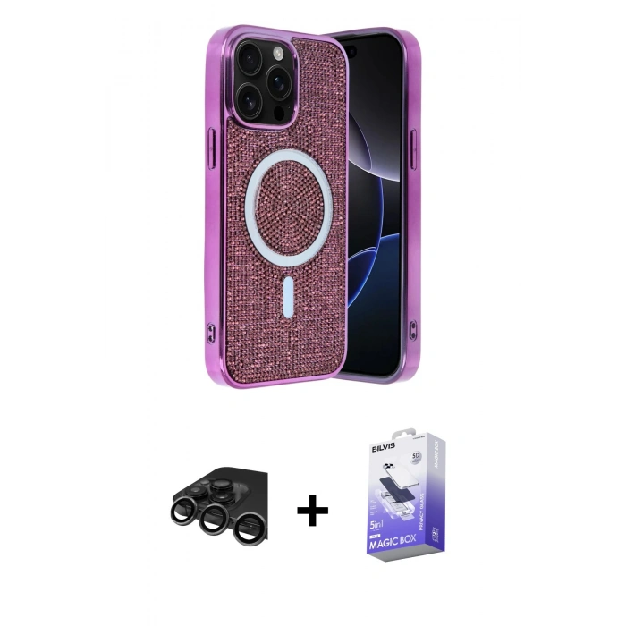 MARSİLYAN™- iPhone 15 Pro Kılıf Eksen Çizgi - Siyah Bilvis 5in1 5D Magic Hayalet Cam Ekran Koruyucu + Raze Metal Kamera Lens - TMGI