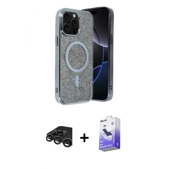 MARSİLYAN™- iPhone 15 Pro Kılıf Eksen Çizgi - Siyah Bilvis 5in1 5D Magic Hayalet Cam Ekran Koruyucu + Raze Metal Kamera Lens - TMGI