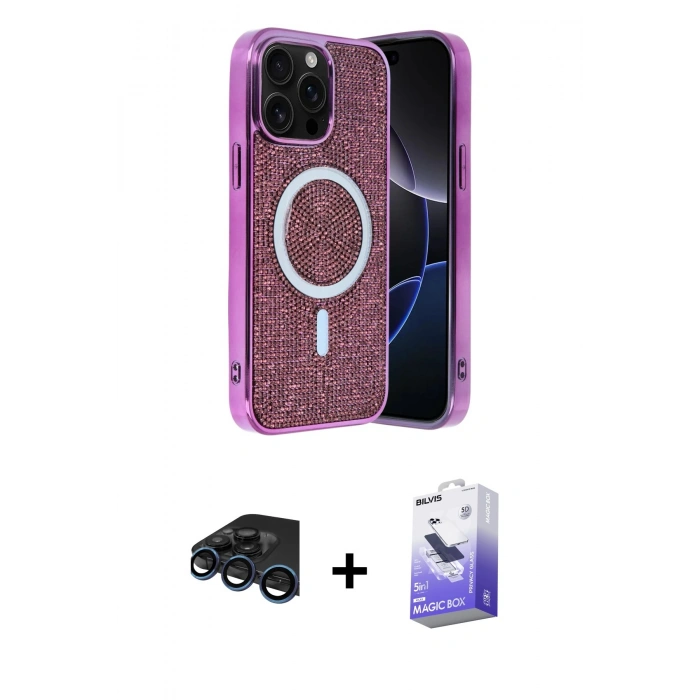 MARSİLYAN™- iPhone 15 Pro Kılıf Eksen Çizgi - Siyah Bilvis 5in1 5D Magic Hayalet Cam Ekran Koruyucu + Raze Metal Kamera Lens - LT