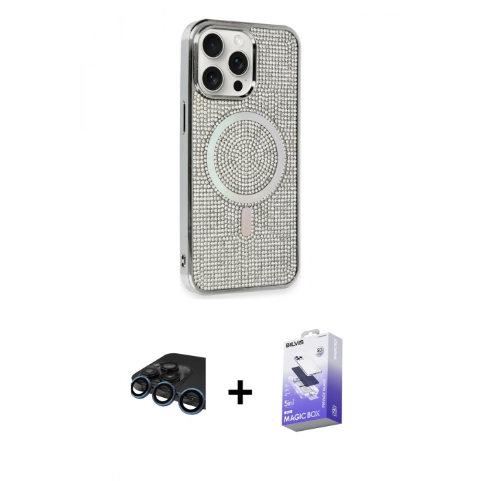 MARSİLYAN™- iPhone 15 Pro Kılıf Eksen Çizgi - Siyah Bilvis 5in1 5D Magic Hayalet Cam Ekran Koruyucu + Raze Metal Kamera Lens - LT