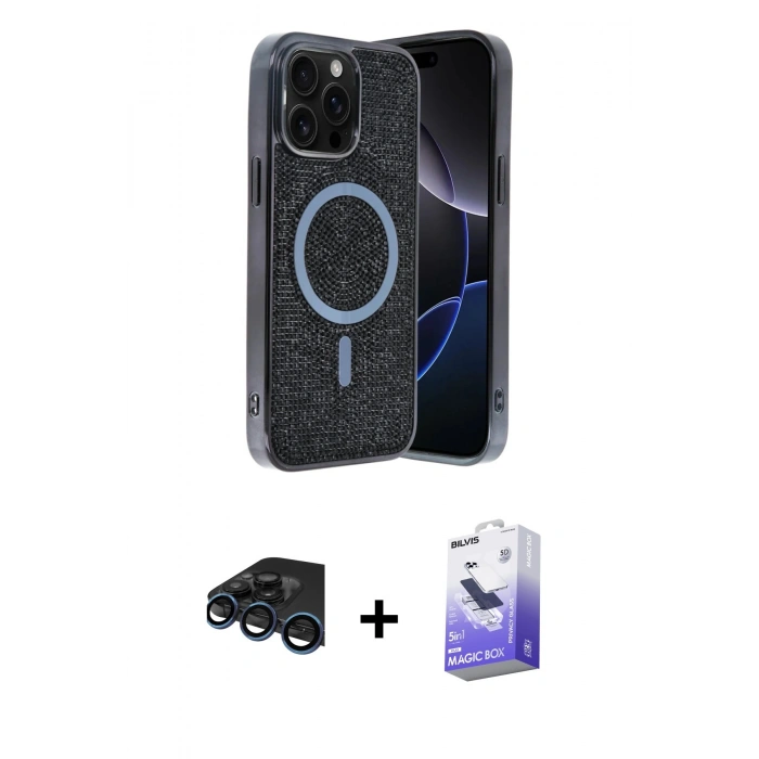 MARSİLYAN™- iPhone 15 Pro Kılıf Eksen Çizgi - Siyah Bilvis 5in1 5D Magic Hayalet Cam Ekran Koruyucu + Raze Metal Kamera Lens - LT