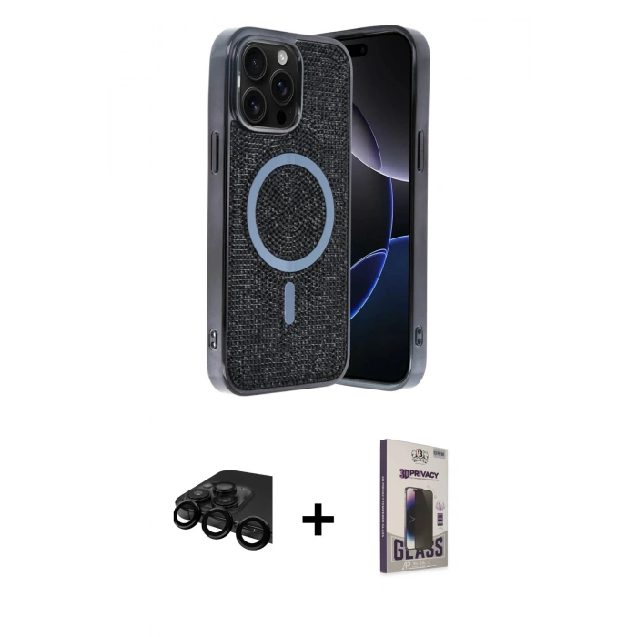 MARSİLYAN™- iPhone 15 Pro Kılıf Eksen Çizgi - Siyah Bilvis Hayalet Cam Ekran Koruyucu + Raze Metal Kamera Lens - SH