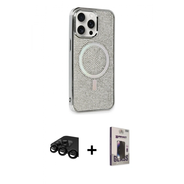 MARSİLYAN™- iPhone 15 Pro Kılıf Eksen Çizgi - Siyah Bilvis Hayalet Cam Ekran Koruyucu + Raze Metal Kamera Lens - SH