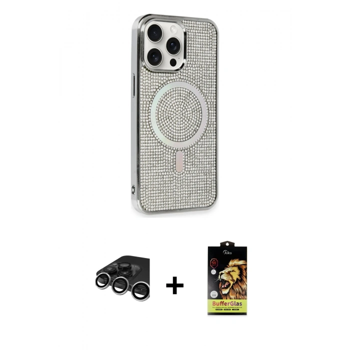 MARSİLYAN™- iPhone 15 Pro Kılıf Eksen Çizgi - Siyah Buffer Cam Ekran Koruyucu + Raze Metal Kamera Lens - GS