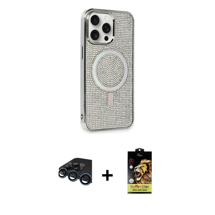 MARSİLYAN™- iPhone 15 Pro Kılıf Eksen Çizgi - Siyah Buffer Cam Ekran Koruyucu + Raze Metal Kamera Lens - LT