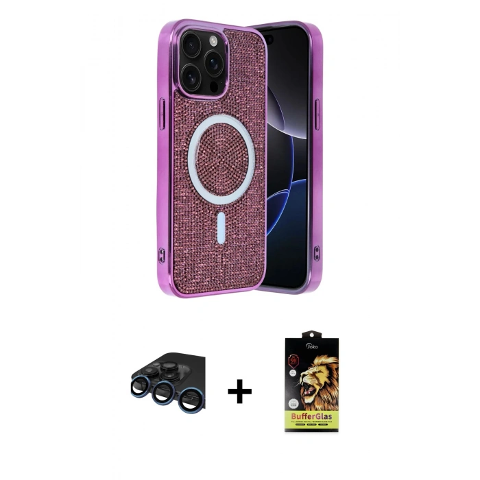 MARSİLYAN™- iPhone 15 Pro Kılıf Eksen Çizgi - Siyah Buffer Cam Ekran Koruyucu + Raze Metal Kamera Lens - LT