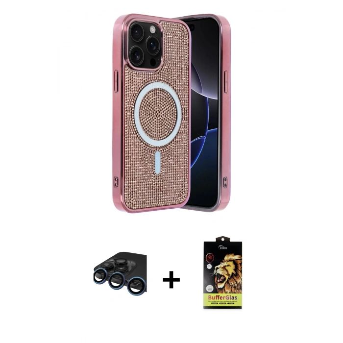 MARSİLYAN™- iPhone 15 Pro Kılıf Eksen Çizgi - Siyah Buffer Cam Ekran Koruyucu + Raze Metal Kamera Lens - LT