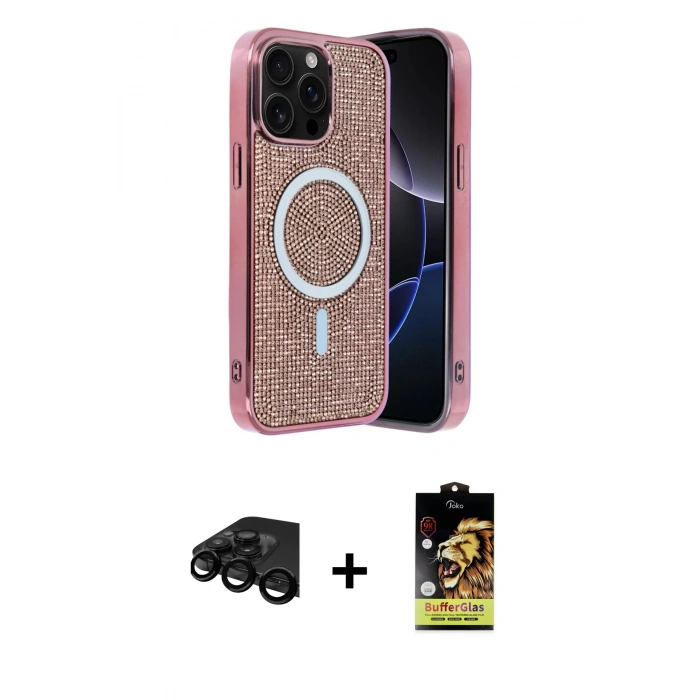 MARSİLYAN™- iPhone 15 Pro Kılıf Eksen Çizgi - Siyah Buffer Cam Ekran Koruyucu + Raze Metal Kamera Lens - SH