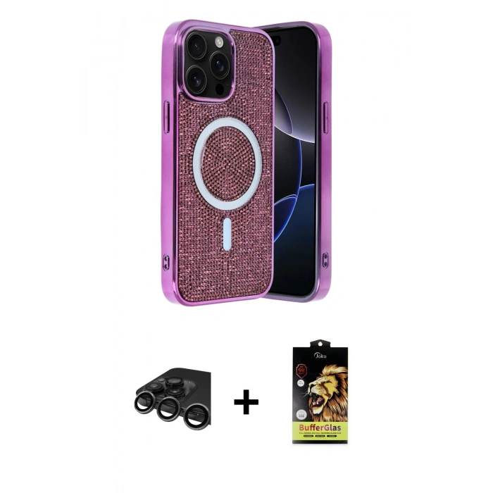 MARSİLYAN™- iPhone 15 Pro Kılıf Eksen Çizgi - Siyah Buffer Cam Ekran Koruyucu + Titanyum Gri Raze Metal Kamera Lens