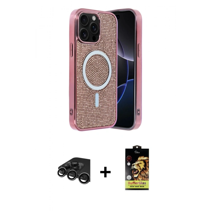 MARSİLYAN™- iPhone 15 Pro Kılıf Eksen Çizgi - Siyah Buffer Cam Ekran Koruyucu + Titanyum Gri Raze Metal Kamera Lens
