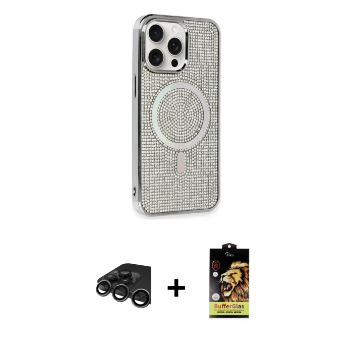 MARSİLYAN™- iPhone 15 Pro Kılıf Eksen Çizgi - Siyah Buffer Cam Ekran Koruyucu + Titanyum Gri Raze Metal Kamera Lens