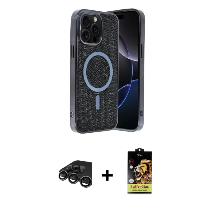 MARSİLYAN™- iPhone 15 Pro Kılıf Eksen Çizgi - Siyah Buffer Cam Ekran Koruyucu + Titanyum Gri Raze Metal Kamera Lens