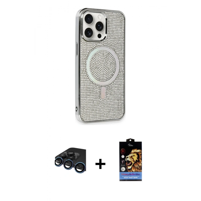 MARSİLYAN™- iPhone 15 Pro Kılıf Eksen Çizgi - Siyah Buffer Hayalet Cam Ekran Koruyucu + Raze Metal Kamera Lens - LT