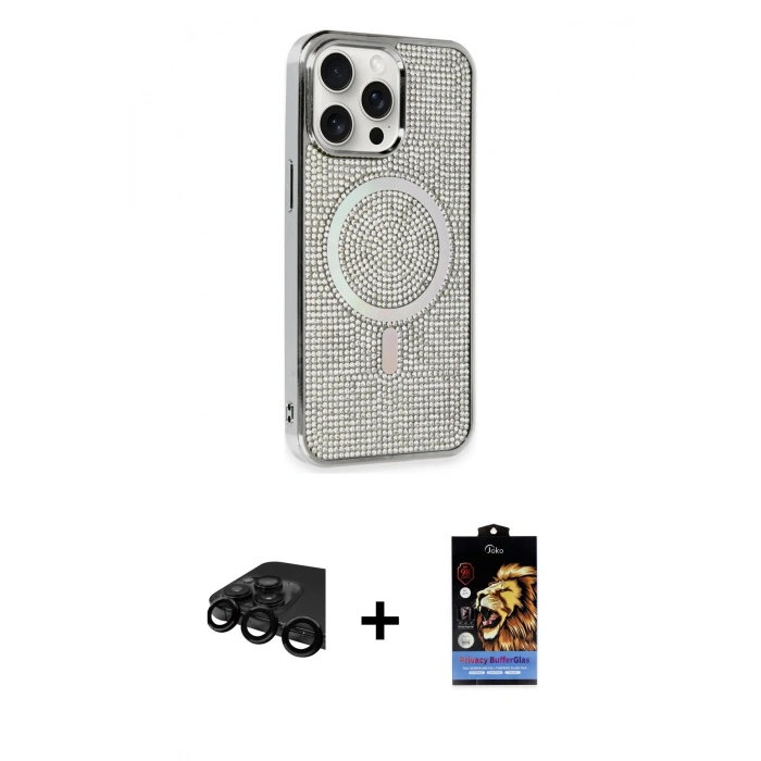 MARSİLYAN™- iPhone 15 Pro Kılıf Eksen Çizgi - Siyah Buffer Hayalet Cam Ekran Koruyucu + Raze Metal Kamera Lens - SH