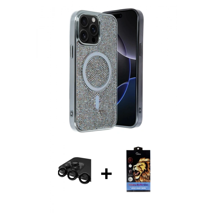 MARSİLYAN™- iPhone 15 Pro Kılıf Eksen Çizgi - Siyah Buffer Hayalet Cam Ekran Koruyucu + Raze Metal Kamera Lens - SH