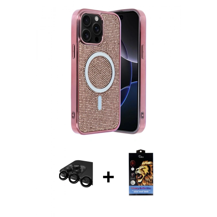 MARSİLYAN™- iPhone 15 Pro Kılıf Eksen Çizgi - Siyah Buffer Hayalet Cam Ekran Koruyucu + Raze Metal Kamera Lens - SH