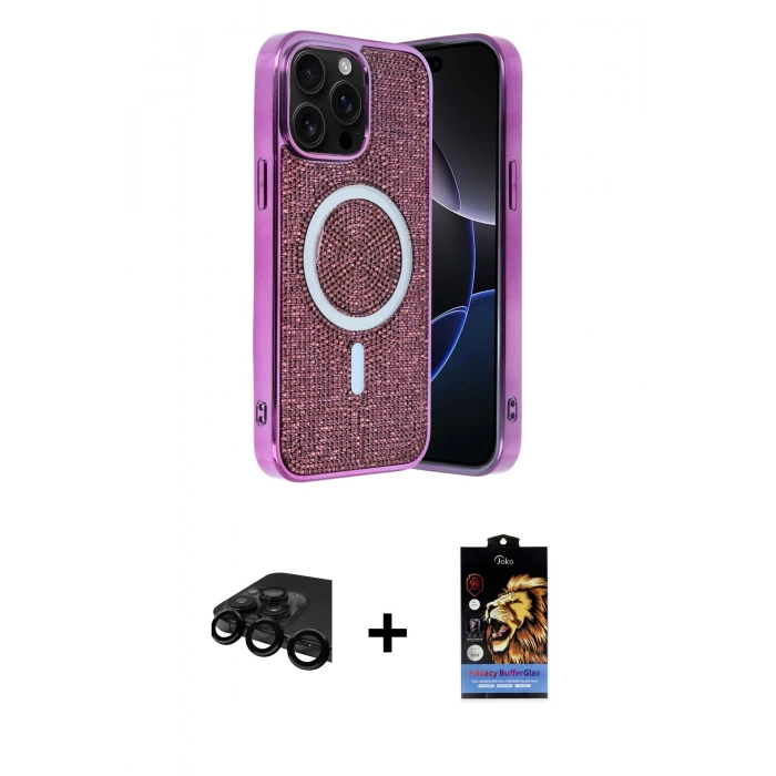MARSİLYAN™- iPhone 15 Pro Kılıf Eksen Çizgi - Siyah Buffer Hayalet Cam Ekran Koruyucu + Raze Metal Kamera Lens - SH