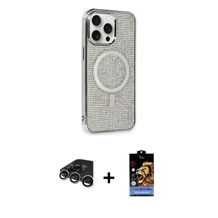 MARSİLYAN™- iPhone 15 Pro Kılıf Eksen Çizgi - Siyah Buffer Hayalet Cam Ekran Koruyucu + Raze Metal Kamera Lens - GS