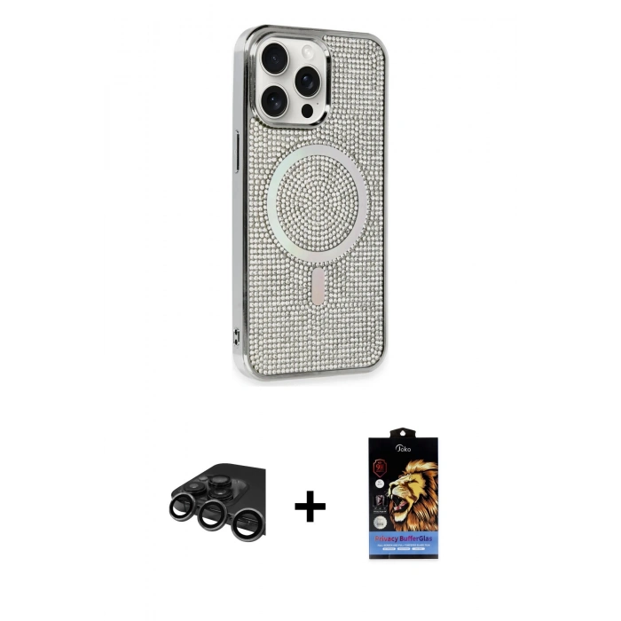 MARSİLYAN™- iPhone 15 Pro Kılıf Eksen Çizgi - Siyah Buffer Hayalet Cam Ekran Koruyucu + Raze Metal Kamera Lens - TMGI