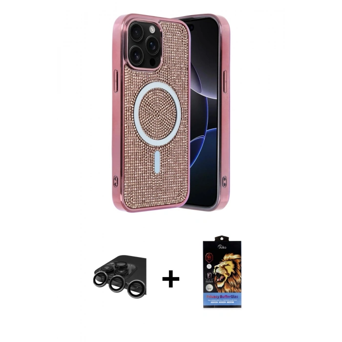 MARSİLYAN™- iPhone 15 Pro Kılıf Eksen Çizgi - Siyah Buffer Hayalet Cam Ekran Koruyucu + Raze Metal Kamera Lens - TMGI