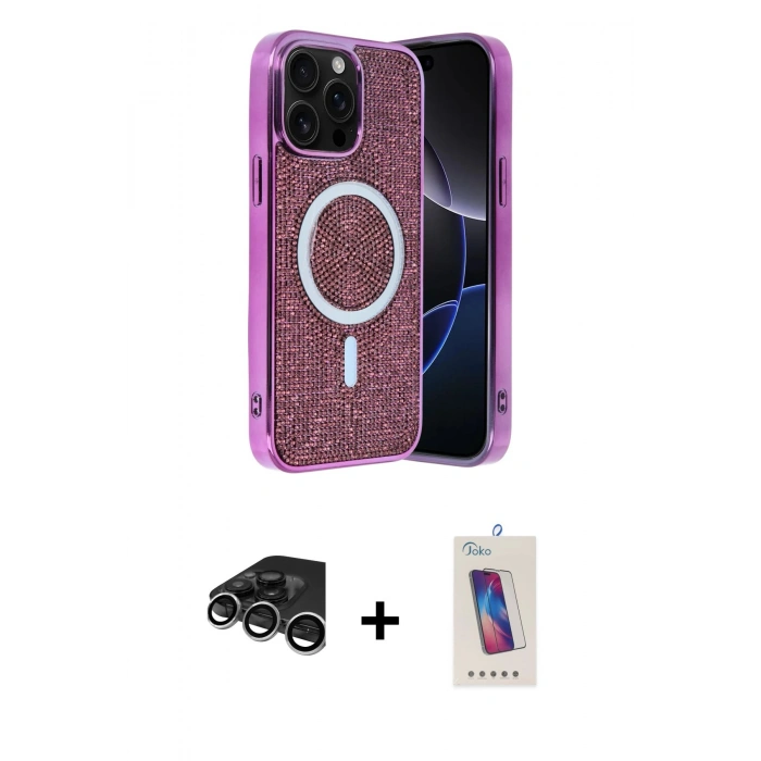MARSİLYAN™- iPhone 15 Pro Kılıf Eksen Çizgi - Siyah Joko 5D Cam + Raze Metal Kamera Lens - GS