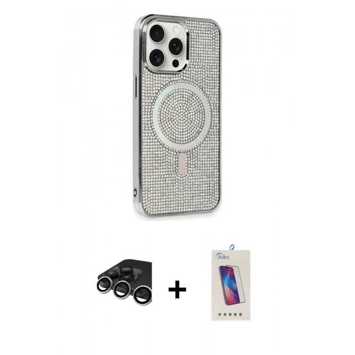 MARSİLYAN™- iPhone 15 Pro Kılıf Eksen Çizgi - Siyah Joko 5D Cam + Raze Metal Kamera Lens - GS